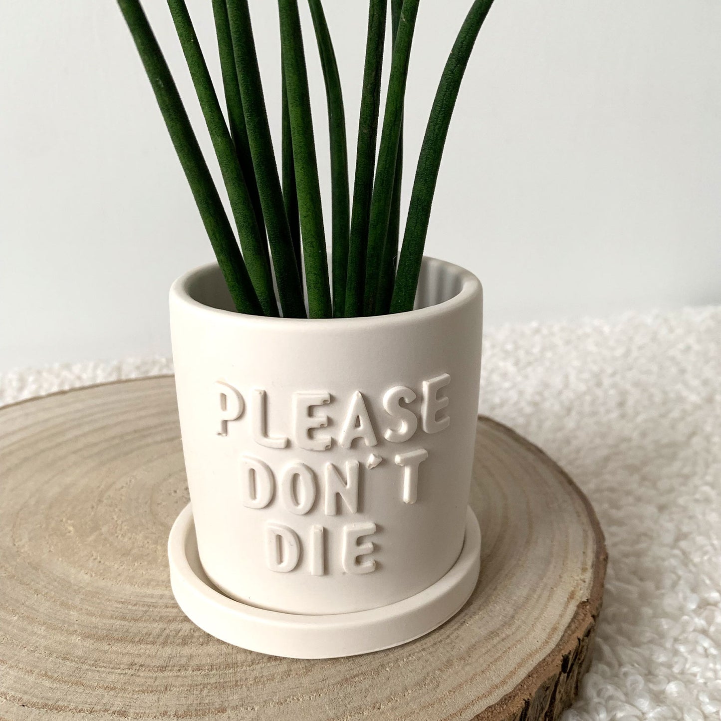 Cache-pot avec soucoupe fait à la main Iris "Please don't Die" Blanc