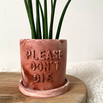 Cache-pot marbré "Please don't Die" fait à la main en jesmonite Iris rose et rouge