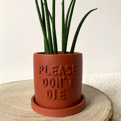 Cache-pot avec soucoupe fait à la main Iris "Please don't Die" Terracotta