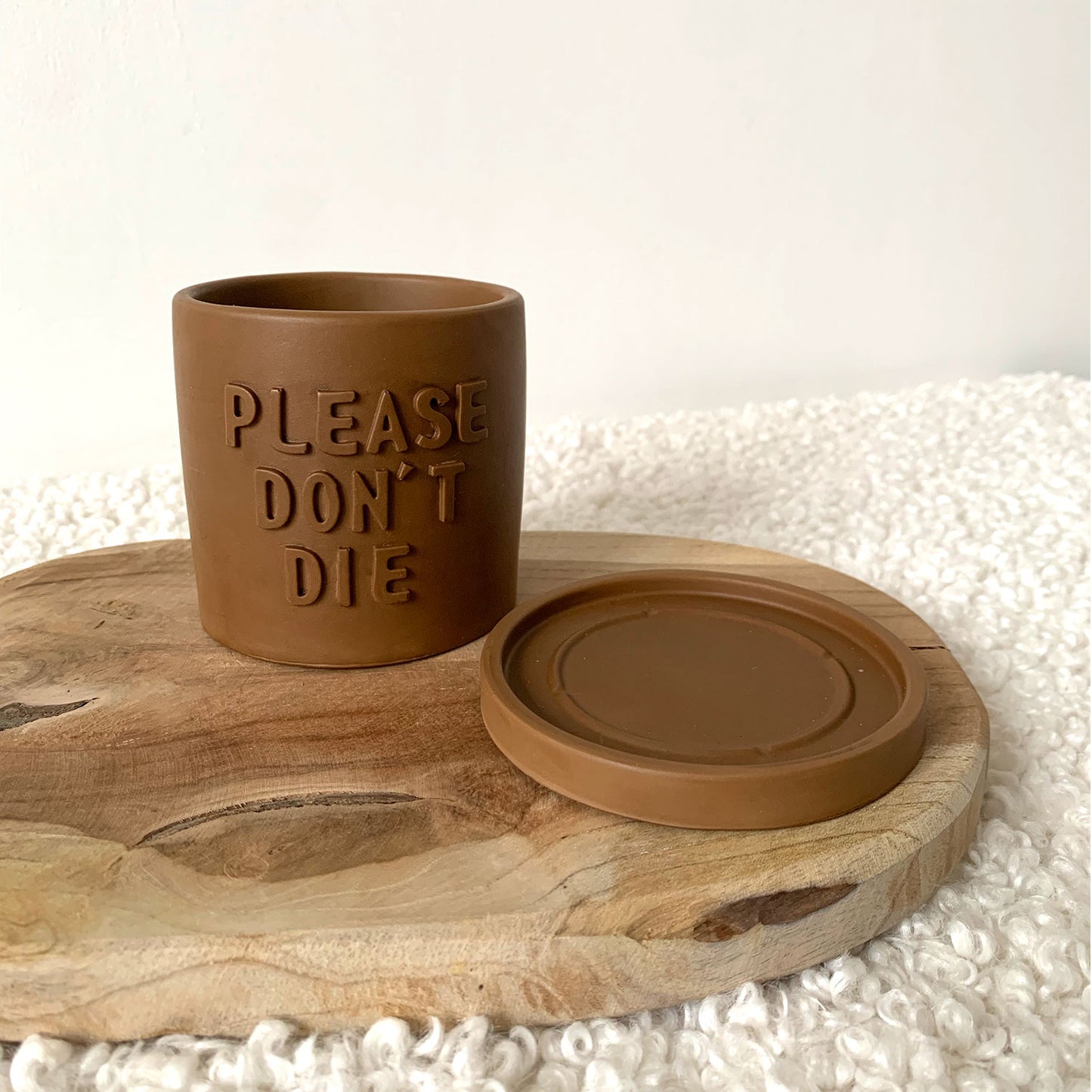 Cache-pot jesmonite "Please don't Die" Iris avec soucoupe Marron