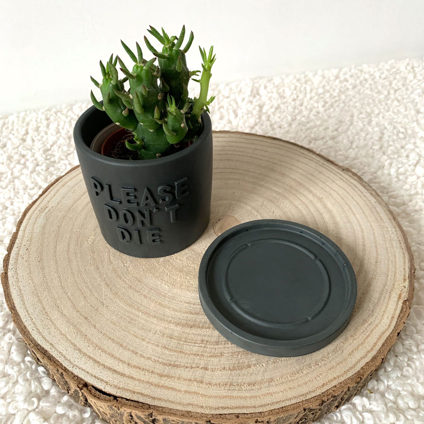 Cache pot jesmonite "Please don't Die" avec soucoupe Iris Gris anthracite