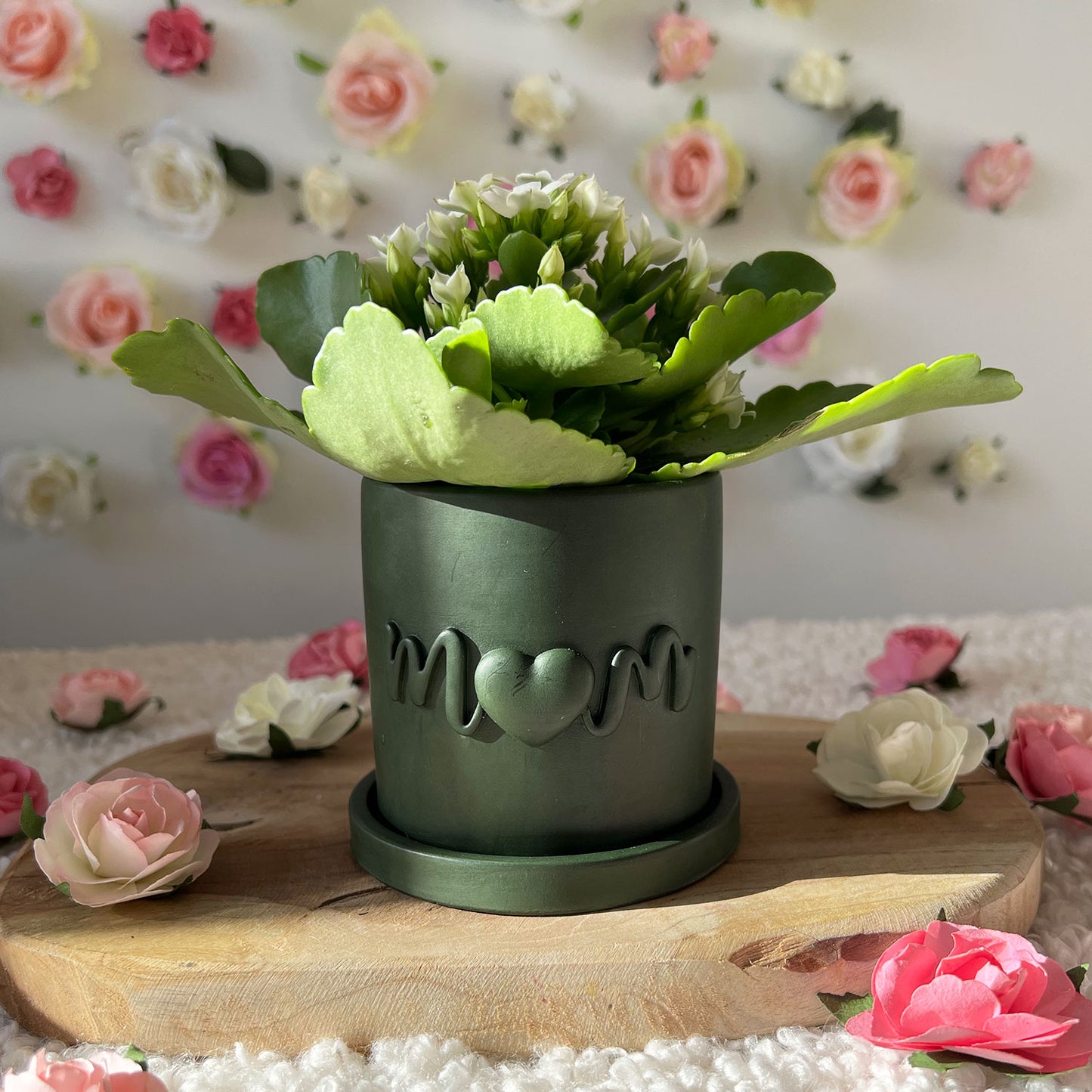 Cache pot Maman "Mom" fait main vert foncé